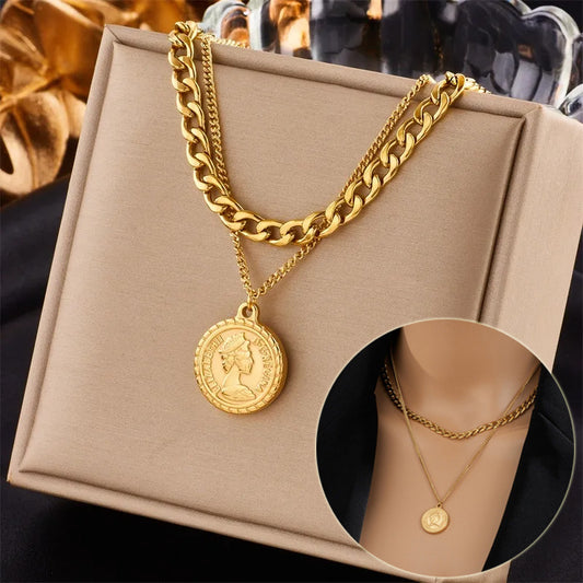 Geometric Portrait Coin Pendant Necklace For Women New Charm Multilayer Choker Chain Jewelry Gift Fashion Jewelry